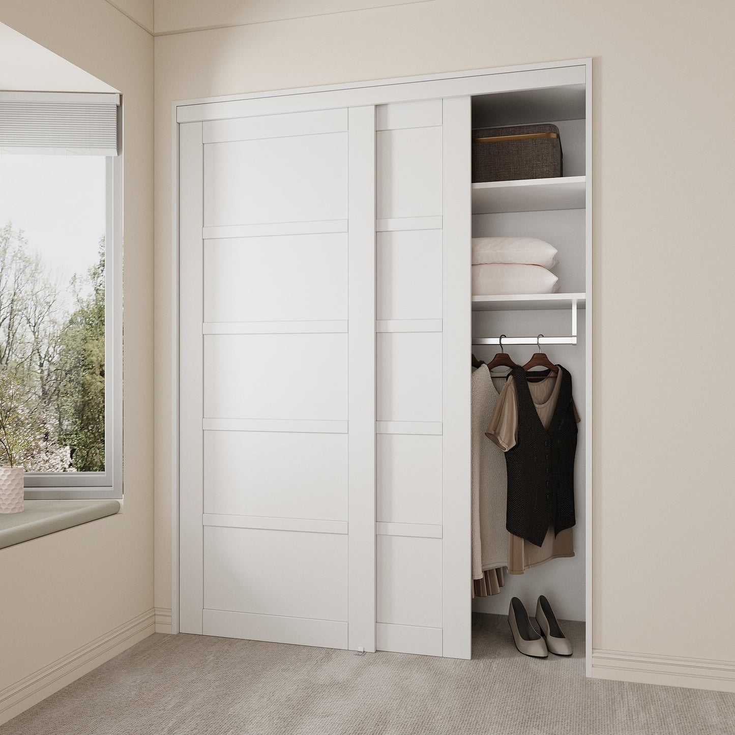 [Paintable] Crutophome 5 Panel Bypass Sliding Closet Door with Hardware Kit, Solid Core MDF Wood & Assembly Required & Primed, White
