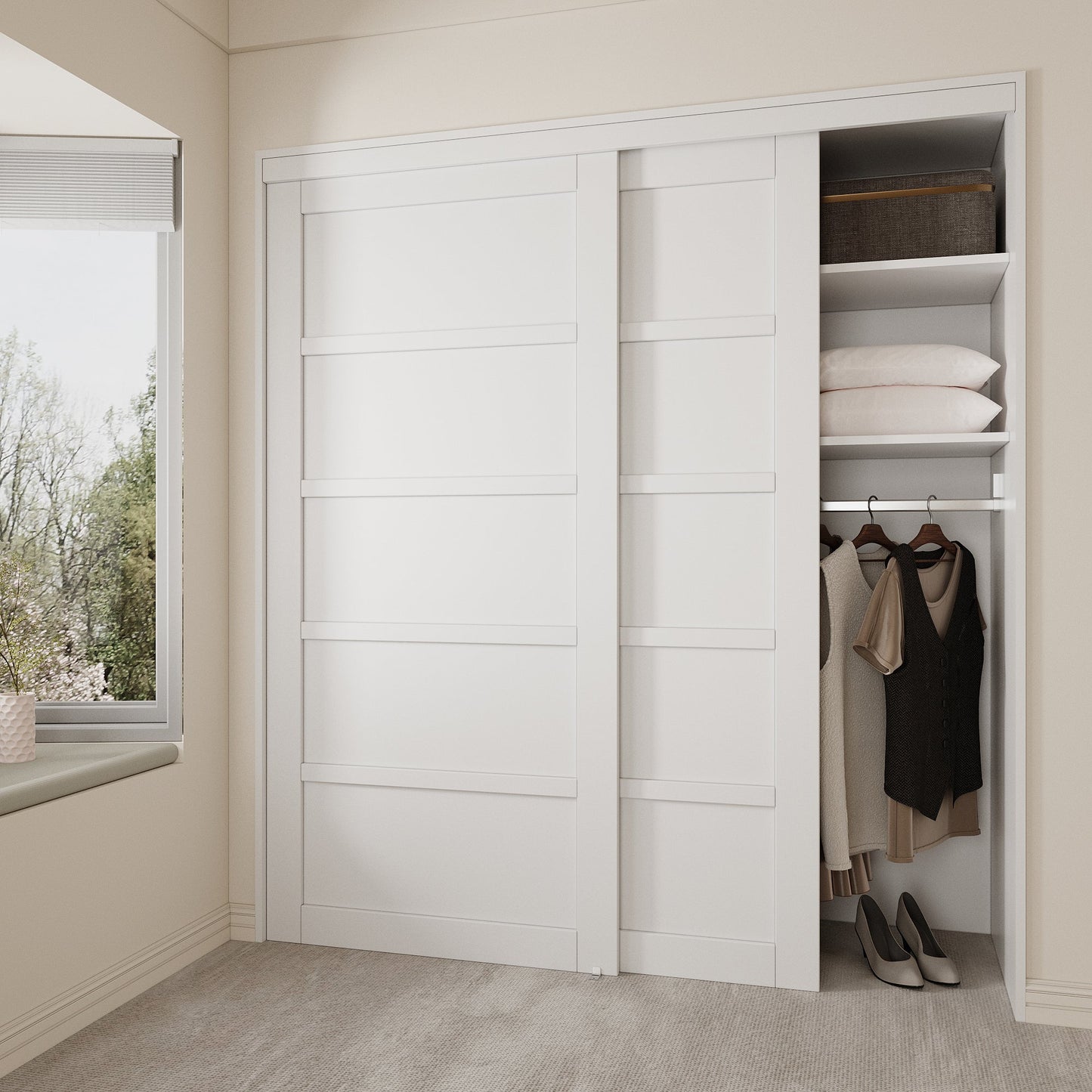 [Paintable] Crutophome 5 Panel Bypass Sliding Closet Door with Hardware Kit, Solid Core MDF Wood & Assembly Required & Primed, White