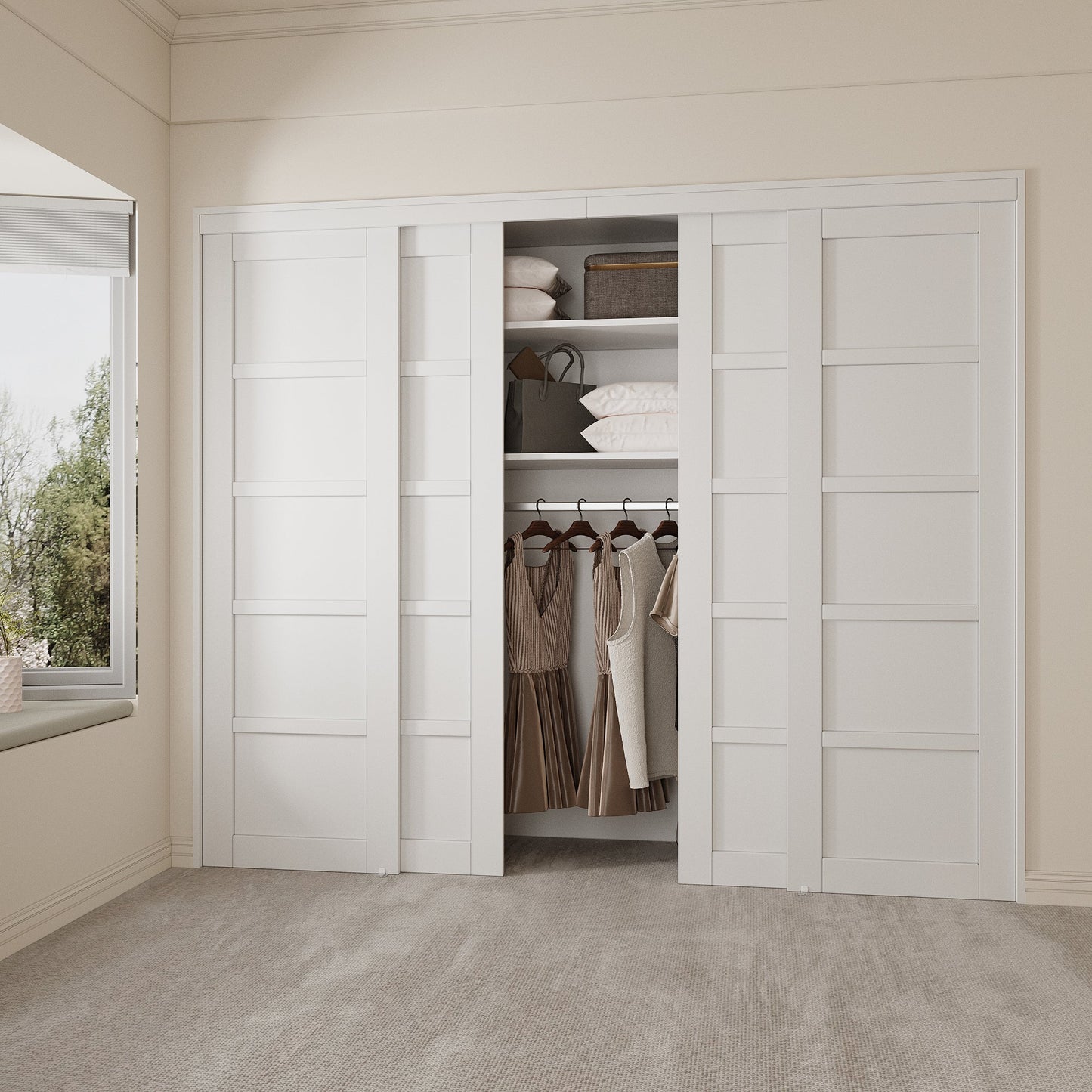 [Paintable] Crutophome 5 Panel Bypass Sliding Closet Door with Hardware Kit, Solid Core MDF Wood & Assembly Required & Primed, White