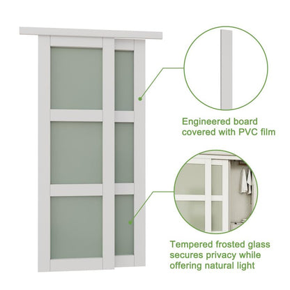 CRUTOP Paintable Sliding Closet Door, 3-Lite Tempered Frosted Glass with Good Privacy, Water-Resistant Frame, Build Quality (Panels&Hardware Kit)