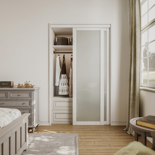 CRUTOP Sliding Closet Door, Fingerprint-Resistant  1-Lite Tempered Frosted Glass with Good Privacy & Water-Resistant Frame, Build Quality (Pre-assembled Panels with Hardware Kit)