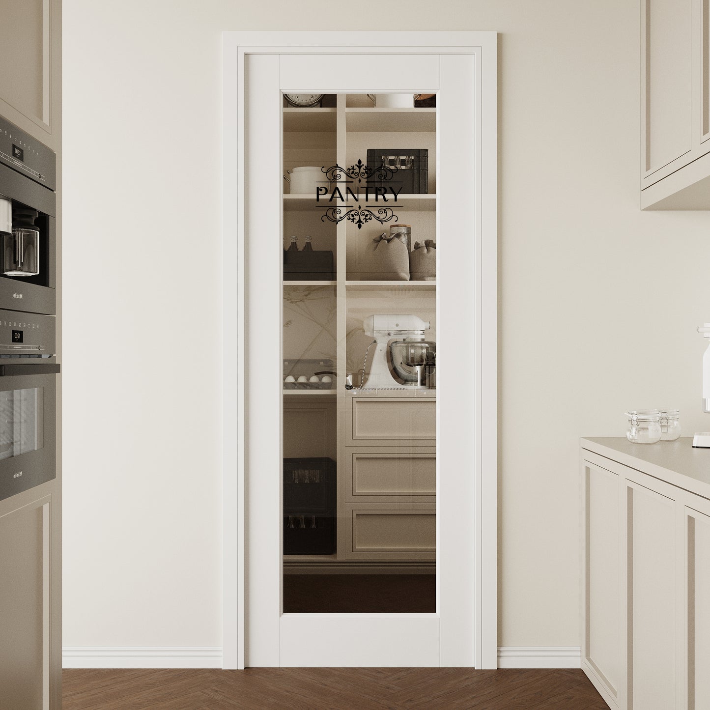 CRUTOP Clear Glass Interior Pantry Door Slab With Self-Adhesive Waterproof Vinyl Colorfast Sticker, Paintable, Pre-finished, White