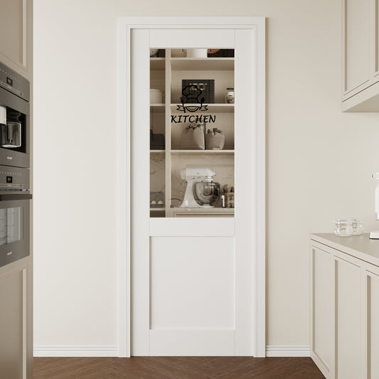 CRUTOP Half Clear Glass Interior Kitchen Door Slab With Self-Adhesive Waterproof Vinyl Colorfast Sticker, Paintable, Pre-finished