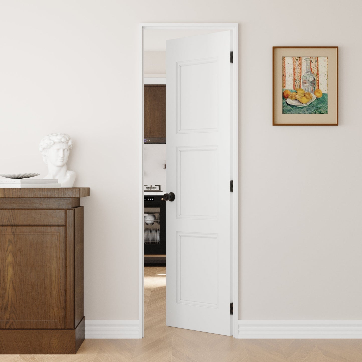 Crutophome 3-Lite Panel Door Slab with Prehung Kit, Right / Left Handed, White