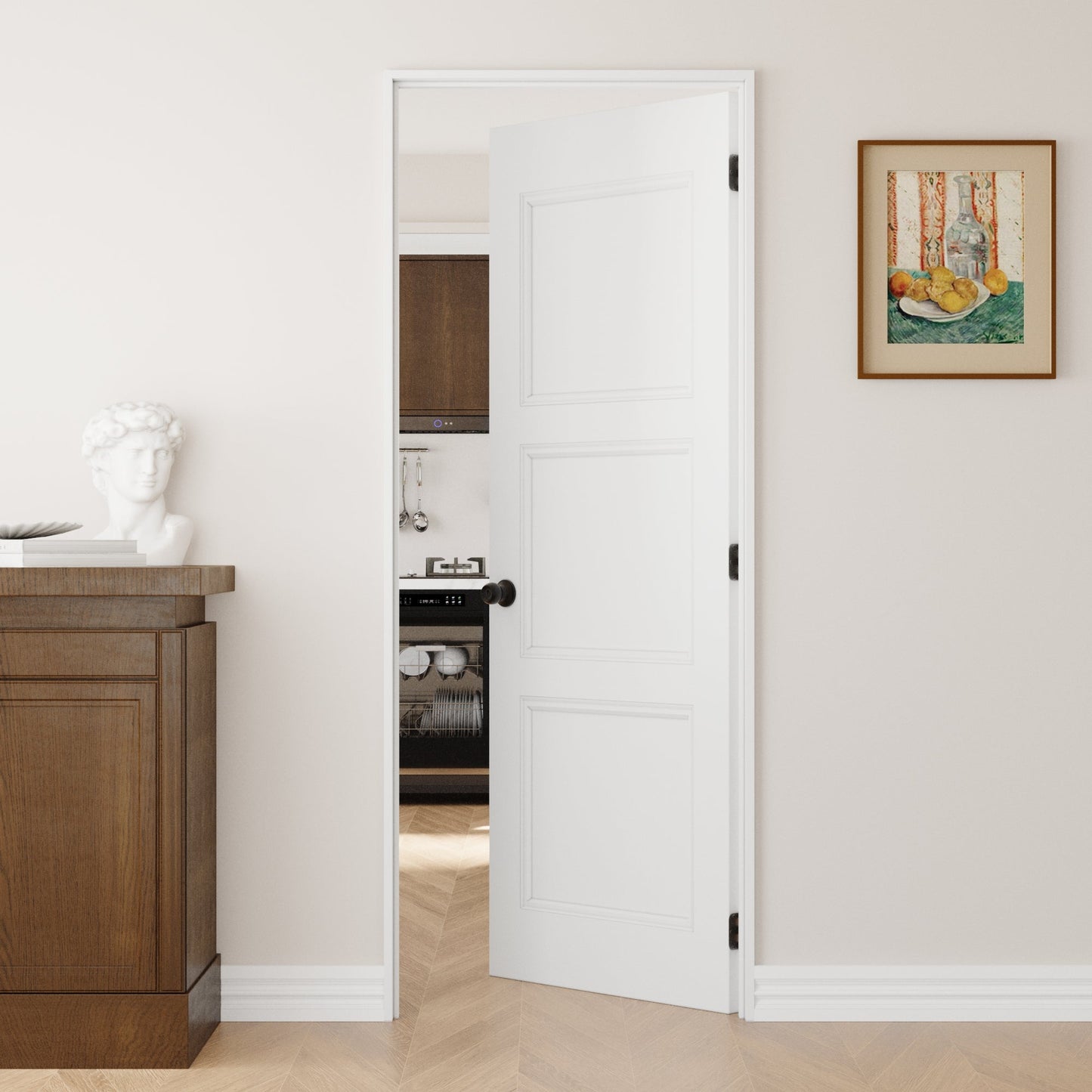Crutophome 3-Lite Panel Door Slab with Prehung Kit, Right / Left Handed, White